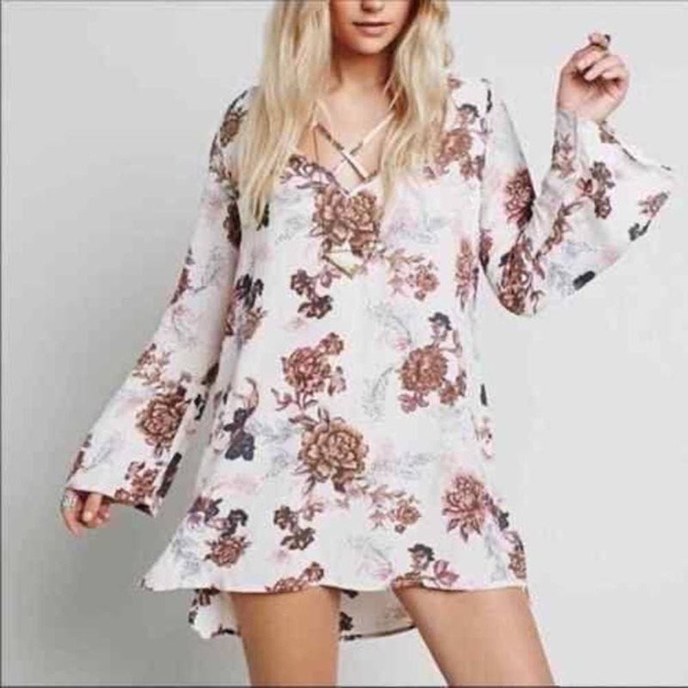 free people floral rose pink long sleeve Tunic Top dress Small oversized